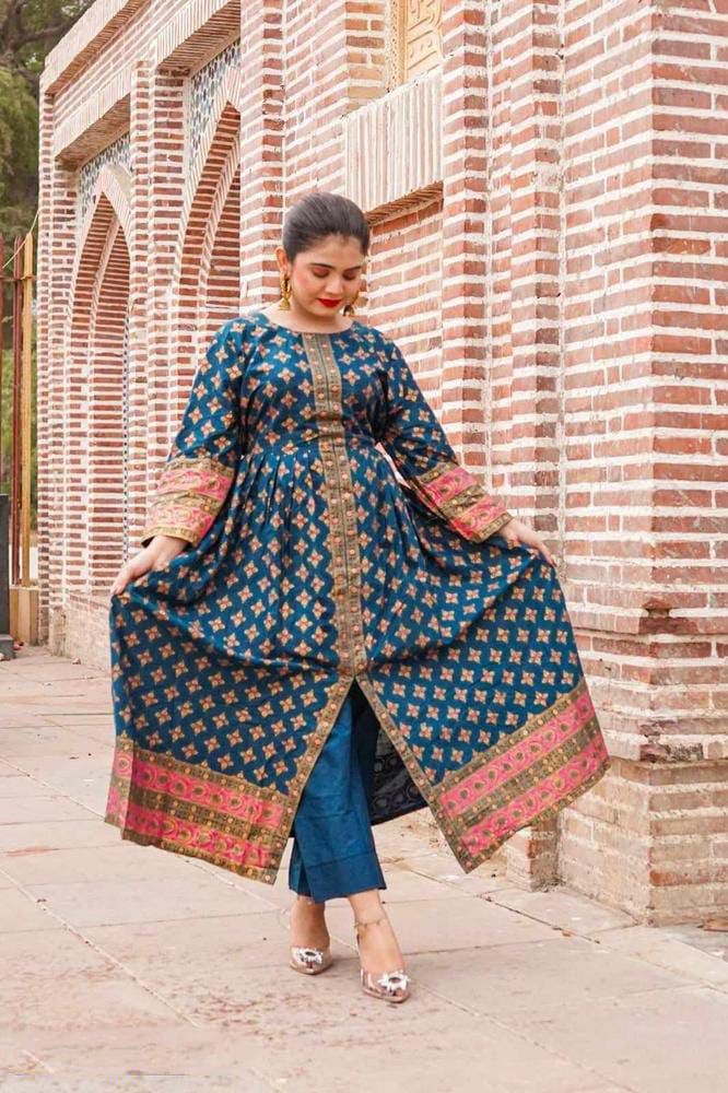 Front Open super printed silk stitched maxi 2 pieces dress for girls