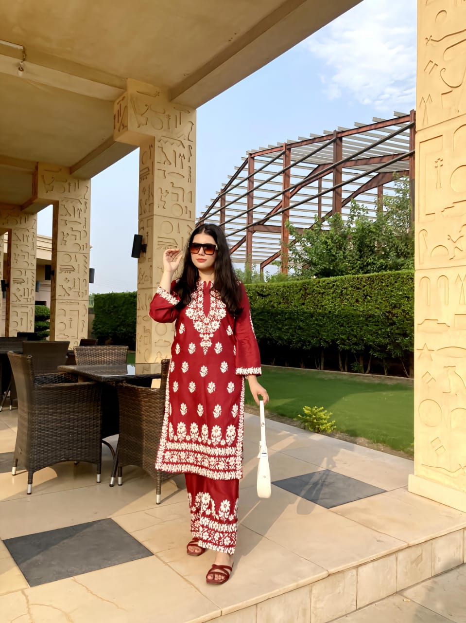 Premium Grey Linen 2-Piece Set Embossed Print Long Length Elegance