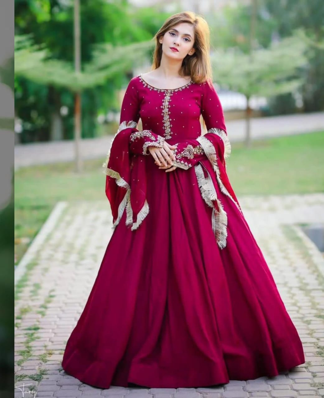 Neck, Sleeves Kaya Work Embroidered Long Maxi With Lace Work Dupatta Trouser 3Pcs