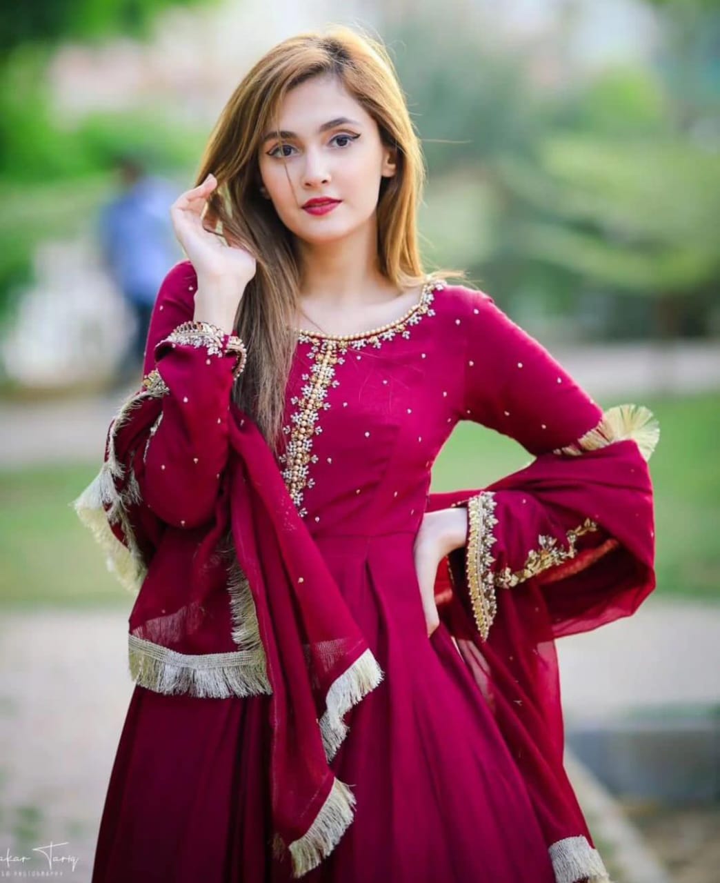 Neck, Sleeves Kaya Work Embroidered Long Maxi With Lace Work Dupatta Trouser 3Pcs