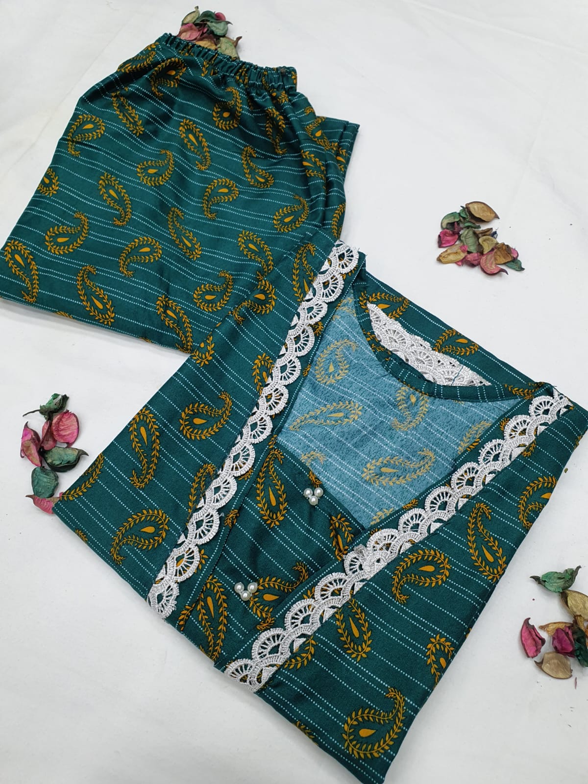 Cotton 2-Piece Stitched Set with Elegant Lace Detailing – Long Length Outfit