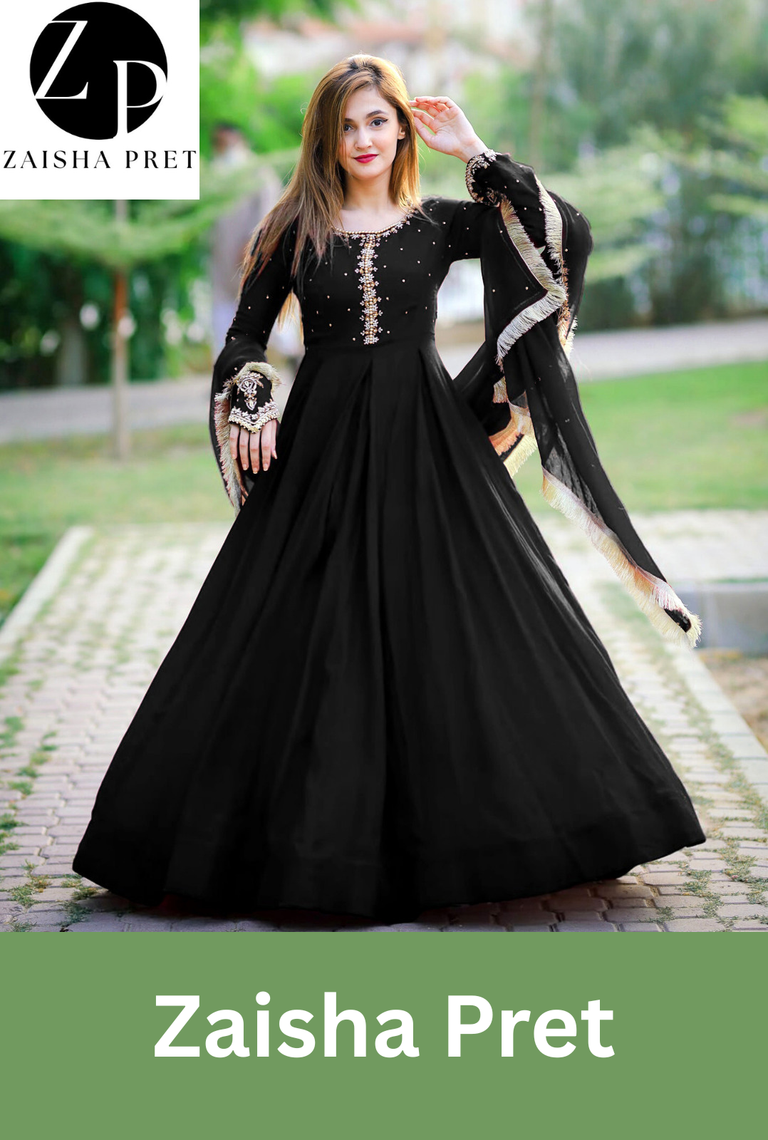 Neck, Sleeves Kaya Work Embroidered Long Maxi With Lace Work Dupatta Trouser 3Pcs