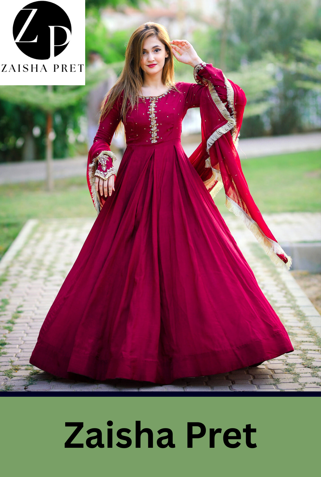 Neck, Sleeves Kaya Work Embroidered Long Maxi With Lace Work Dupatta Trouser 3Pcs